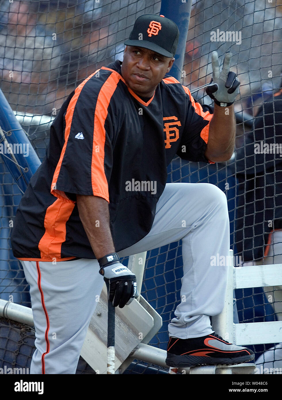 San Francisco Giants Barry Bonds reacts before pitching a wiffle ball  against the kids during the 2007 San Francisco Giants Family Softball Game  at At&T Park in San Francisco on July 26