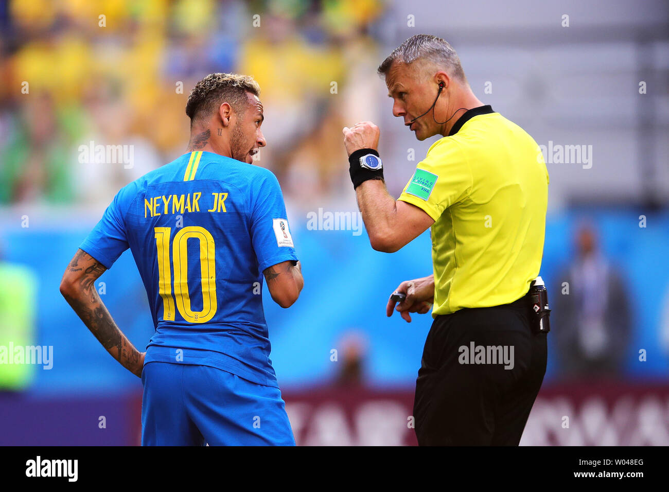 Neymar of Brazil is spoken to by referee Bjorn Kuipers during the 2018 FIFA World Cup Group E match at the Saint Petersburg Stadium in Saint Petersburg, Russia on June 22, 2018. Brazil defeated Costa Rica 2-0.      Photo by Chris Brunskill/UPI Stock Photo