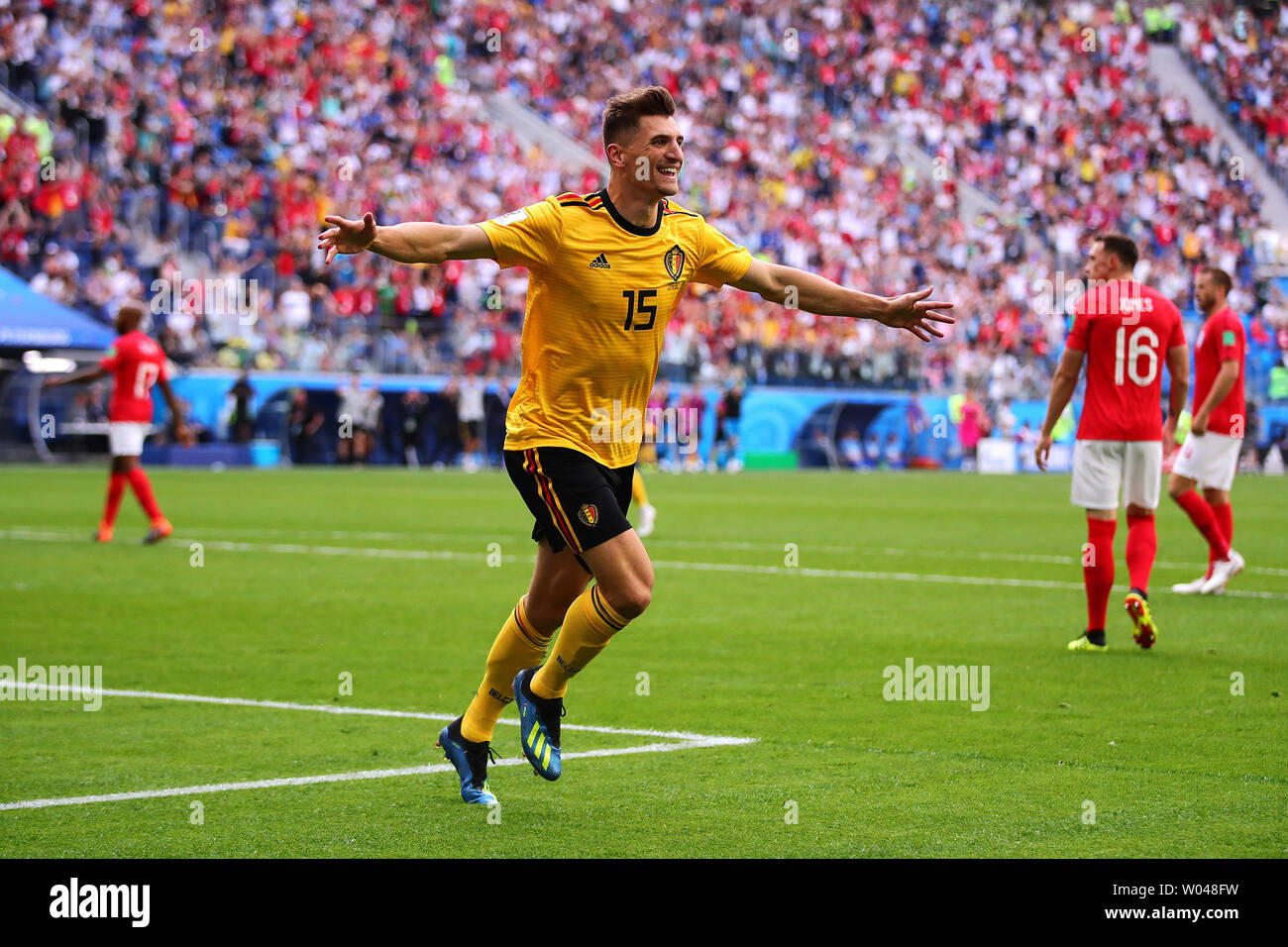 Thomas Meunier of Belgium celebrates scoring the opening goal during the 2018 FIFA World Cup third place play-off match at the Saint Petersburg Stadium in Saint Petersburg, Russia on July 14, 2018. Belgium beat England 2-0 to finish third. Photo by Chris Brunskill/UPI Stock Photo