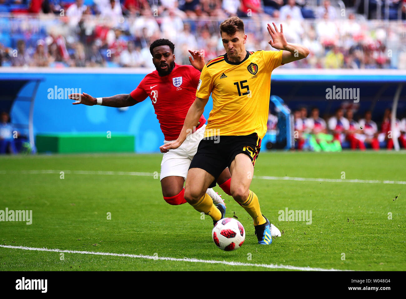 Thomas Meunier of Belgium scores the opening goal during the 2018 FIFA World Cup third place play-off match at the Saint Petersburg Stadium in Saint Petersburg, Russia on July 14, 2018. Belgium beat England 2-0 to finish third. Photo by Chris Brunskill/UPI Stock Photo