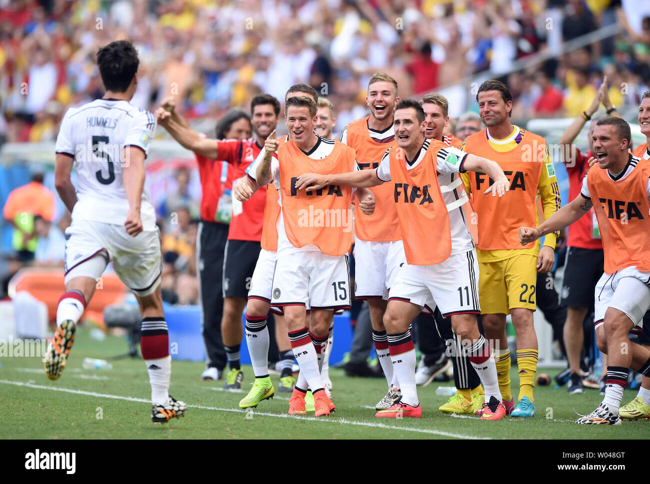 Mats Hummels of Germany celebrates scoring his side's second goal during the 2014 FIFA World Cup Group G match at the Arena Fonte Nova in Salvador, Brazil on June 16, 2014. UPI/Chris Brunskill Stock Photo