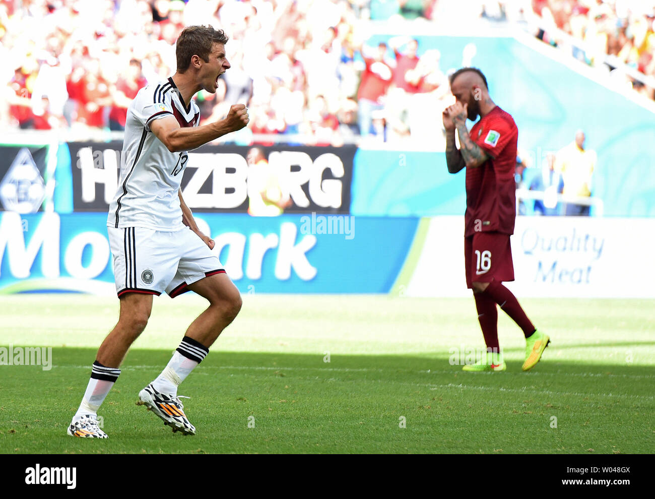 Thomas Muller of Germany celebrates scoring during the 2014 FIFA World Cup Group G match at the Arena Fonte Nova in Salvador, Brazil on June 16, 2014. UPI/Chris Brunskill Stock Photo
