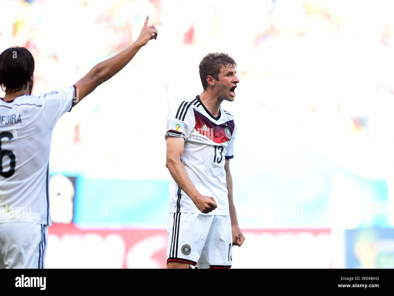 Thomas Muller of Germany celebrates scoring during the 2014 FIFA World Cup Group G match at the Arena Fonte Nova in Salvador, Brazil on June 16, 2014. UPI/Chris Brunskill Stock Photo