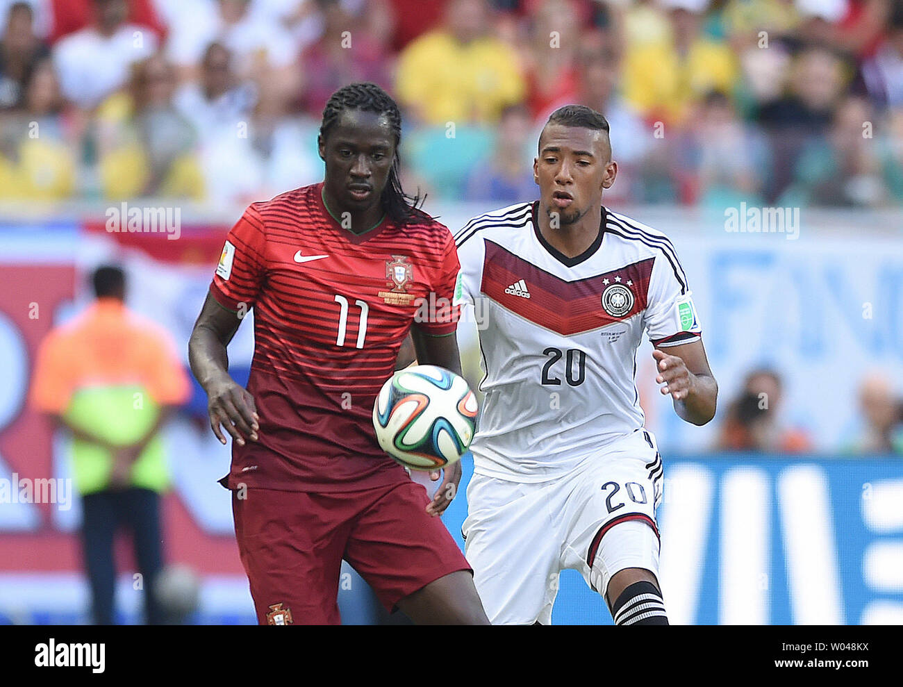 Jerome Boateng of Germany competes with Eder (L) of Portugal during the 2014 FIFA World Cup Group G match at the Arena Fonte Nova in Salvador, Brazil on June 16, 2014. UPI/Chris Brunskill Stock Photo