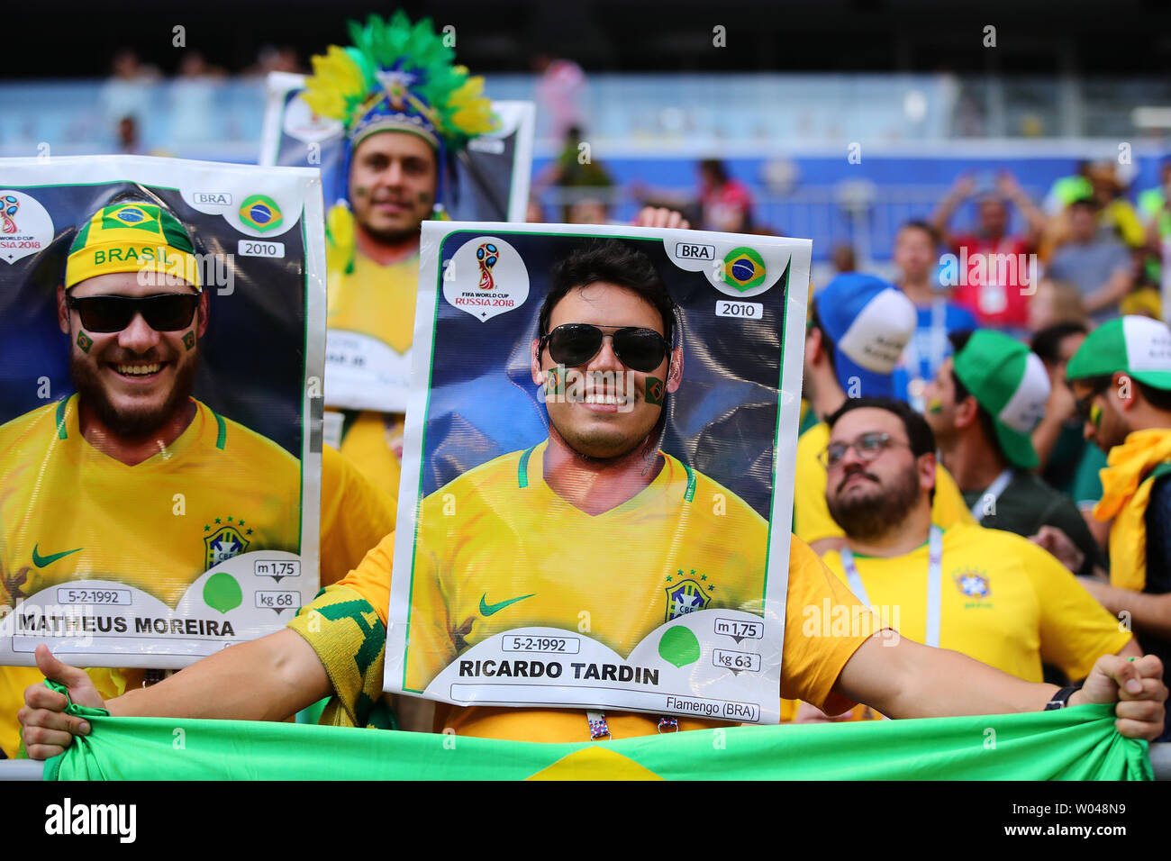 A Brazil fan looks on during the 2018 FIFA World Cup Round of 16 match at Samara Arena in Samara, Russia on July 2, 2018. Brazil beat Mexico 2-0 to qualify for the quarter-finals. Photo by Chris Brunskill/UPI Stock Photo