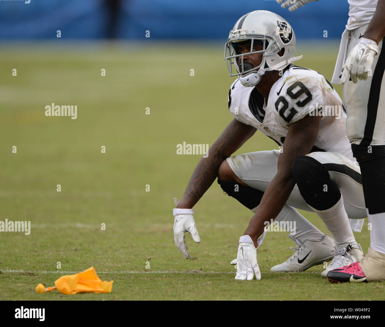 Oakland Raiders  cornerback David Amerson grimaces after getting called for pass interference in the fourth quarter at Qualcomm Stadium in San Diego on October 25, 2015. Photo by Jon SooHoo/UPI Stock Photo