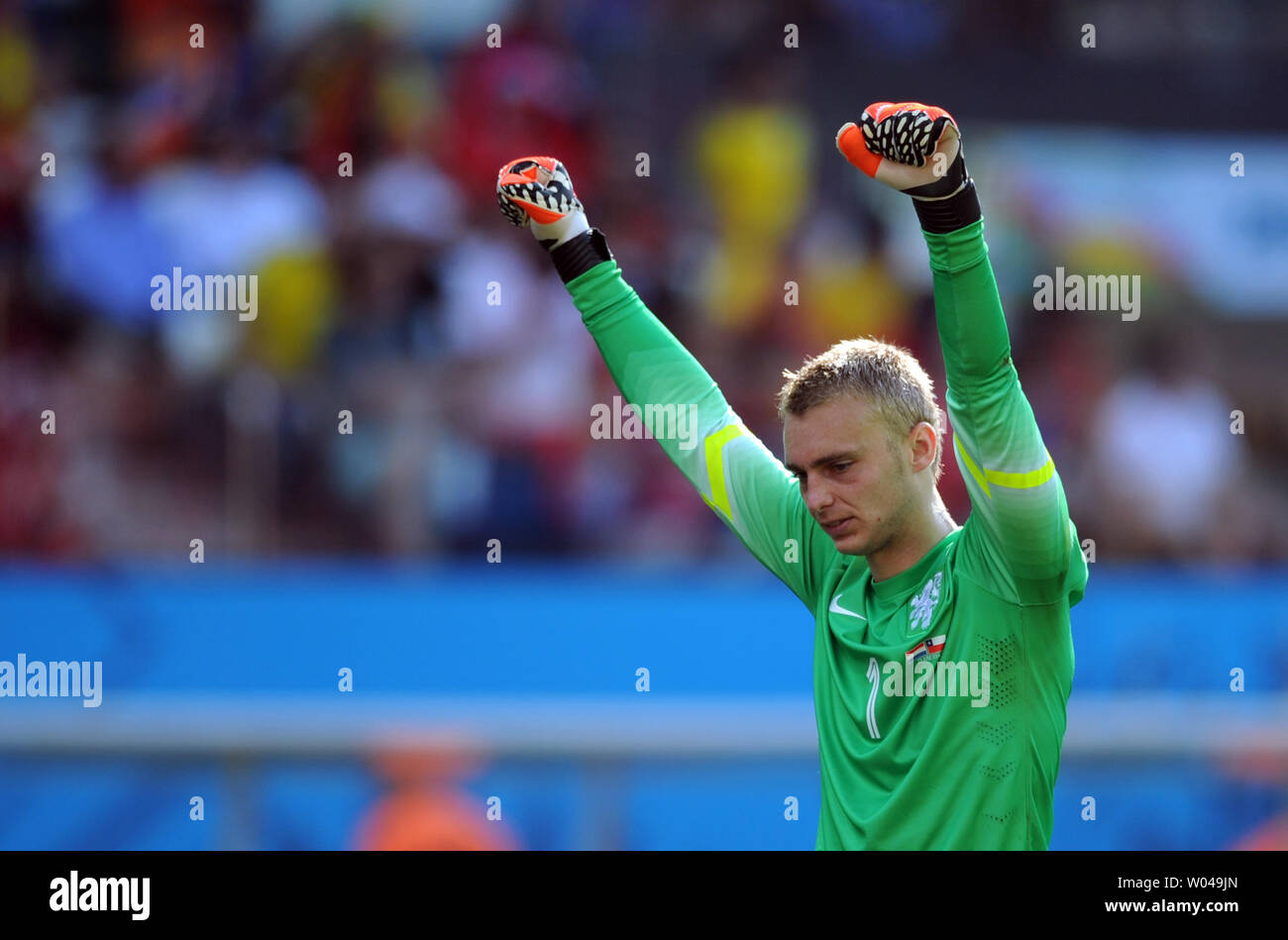Jasper Cillessen of the Netherlands celebrates his side's first goal during the 2014 FIFA World Cup Group B match at the Arena Corinthians in Sao Paulo, Brazil on June 23, 2014. UPI/Chris Brunskill Stock Photo