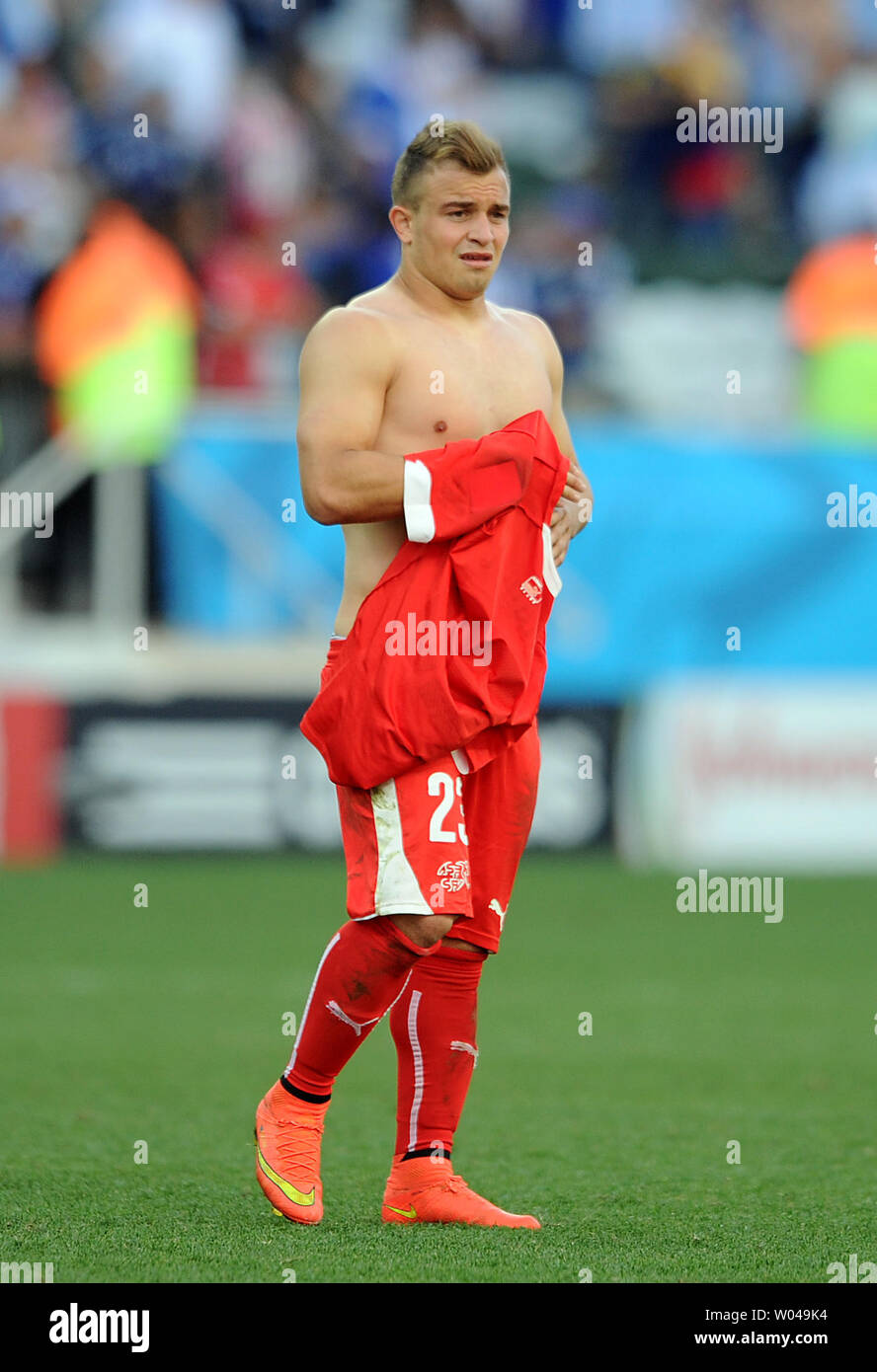 Xherdan Shaqiri of Switzerland looks dejected following the 2014 FIFA World Cup Round of 16 match at the Arena Corinthians in Sao Paulo, Brazil on July 01, 2014. UPI/Chris Brunskill Stock Photo