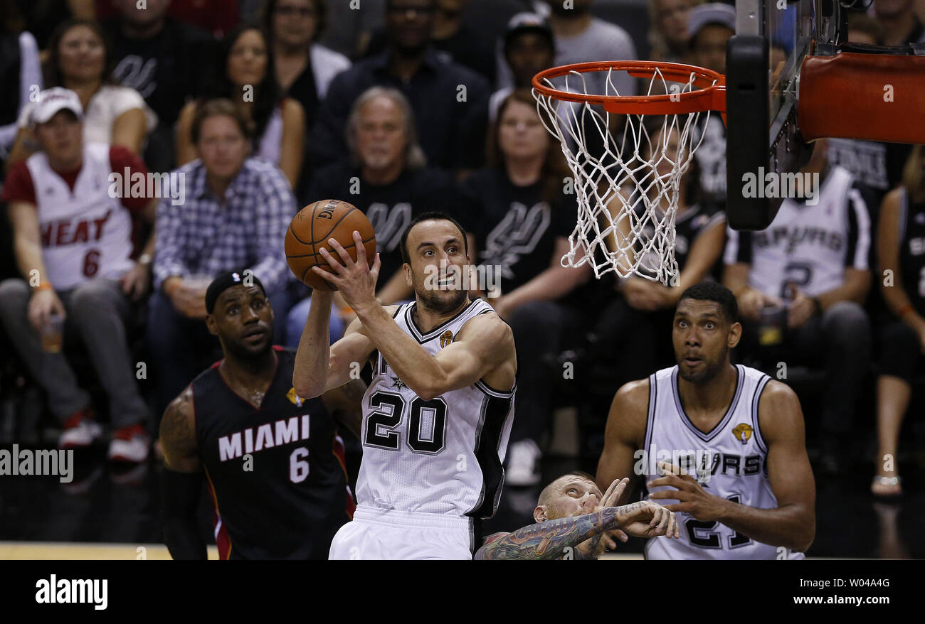 San Antonio Spurs guard Manu Ginobili (20) lays the ball in for two points against the Miami Heat in game 2 of the NBA Finals at the AT&T Center in San Antonio, Texas on June 8, 2014.     UPI/Aaron M. Sprecher Stock Photo