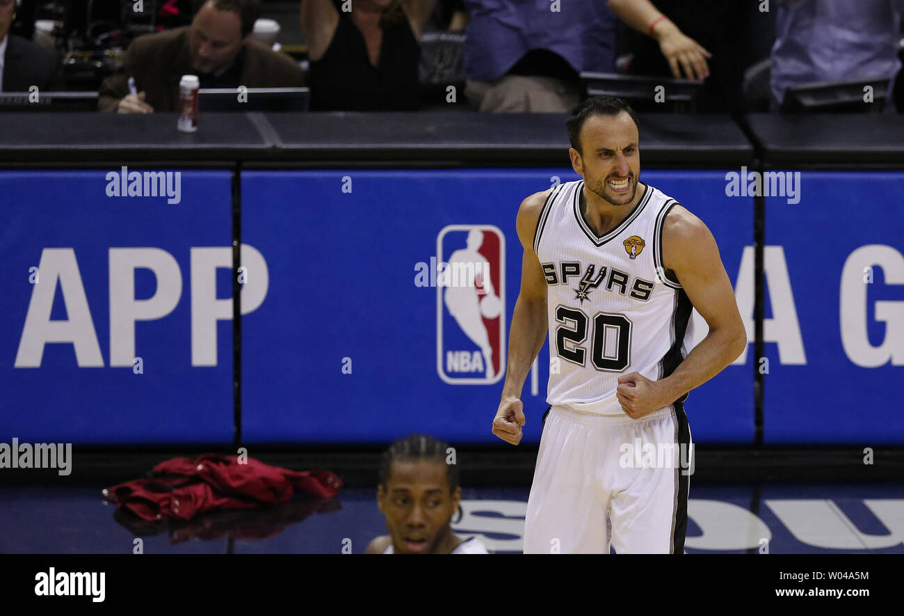 San Antonio Spurs guard Manu Ginobili (20) celebrates after making a three point basket against the Miami Heat  in game 5 of the NBA Finals at the AT&T Center in San Antonio, Texas on June 15, 2014. The Spurs defeated the Heat 104-87 to win the best of seven series 4-1.     UPI/Aaron M. Sprecher Stock Photo