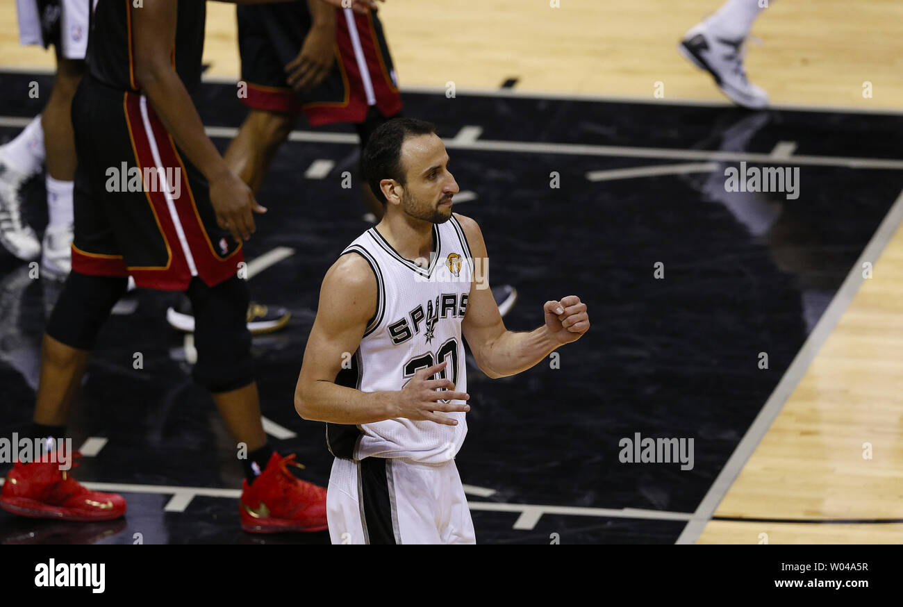 San Antonio Spurs guard Manu Ginobili (20) celebrates after a defensive stop against the Miami Heat  in game 5 of the NBA Finals at the AT&T Center in San Antonio, Texas on June 15, 2014. The Spurs defeated the Heat 104-87 to win the best of seven series 4-1.     UPI/Aaron M. Sprecher Stock Photo