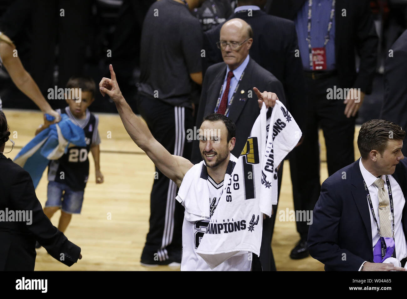San Antonio Spurs guard Manu Ginobili (20) celebrates after defeating the Miami Heat following game 5 of the NBA Finals at the AT&T Center at the AT&T Center in San Antonio, Texas on June 15, 2014. The Spurs defeated the Heat 104-87 to win the best of seven series 4-1.     UPI/Aaron M. Sprecher Stock Photo