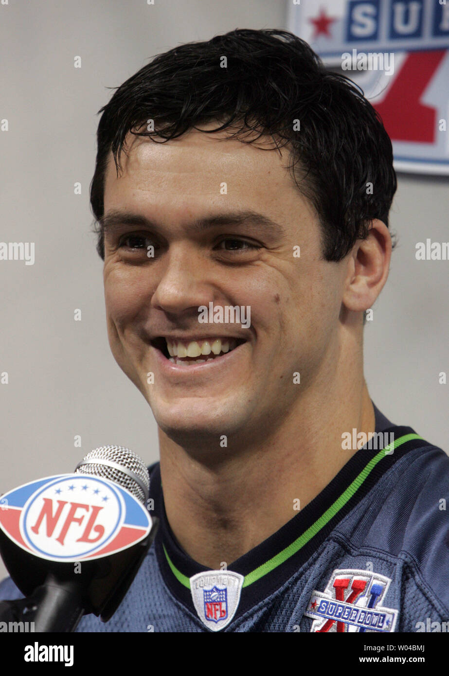 Seahawks wide receiver Joe Jurevicius answers questions from the media  during the Seattle Seahawks' Superl Bowl XL Media Day at Ford Field in  Detroit on January 31, 2006. The Pittsburgh Steelers will