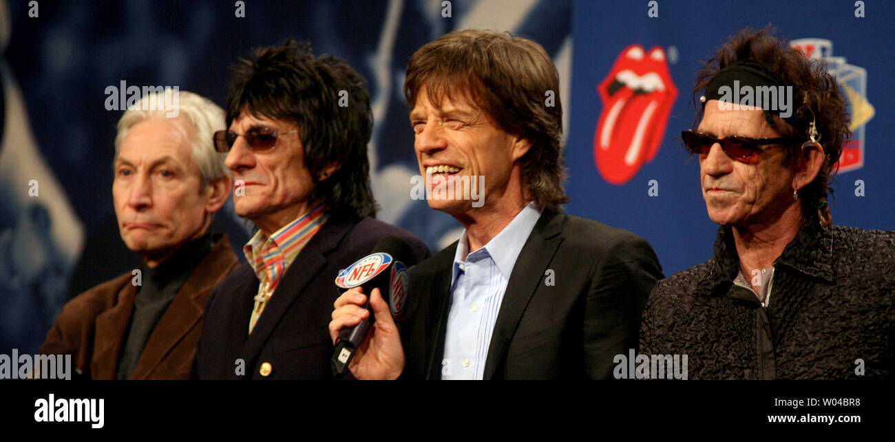 Rolling Stones (L-R) Charlie Watts, Ron Wood, Mick Jagger and Kieth Richards answer questions at a press conference for the half time show at Super Bowl XL in Detroit, MI on February 2, 2006.  (UPI Photo/Terry Schmitt) Stock Photo