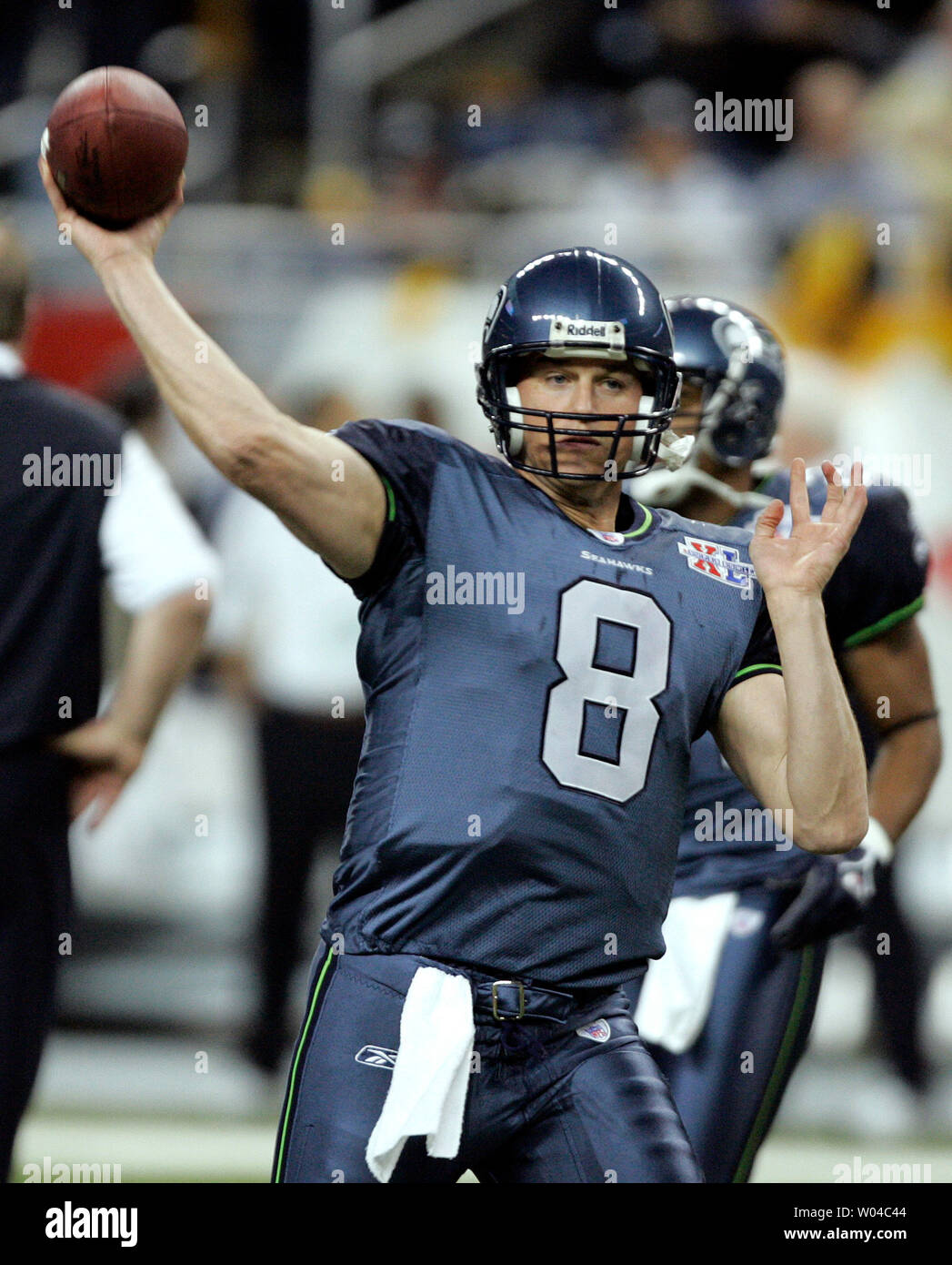 Matt Hasselbeck, Seattle Seahawks quarterback warms up at Super Bowl XL  featuring the Seattle Seahawks and the Pittsburgh Steelers at Ford Field in  Detroit, Mi., on February 5, 2006. (UPI Photo/Brian Kersey