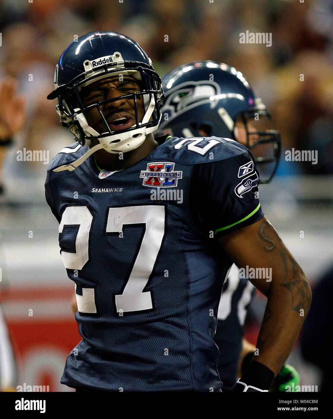 Seattle Seahawks cornerback Jordan Babineaux disagrees with a call in the  second half of Super Bowl XL featuring the Seattle Seahawks and the  Pittsburgh Steelers at Ford Field in Detroit, Mi., on
