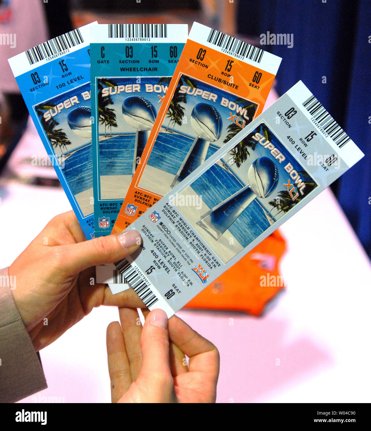Tickets for Super Bowl XLI are displayed at a news conference to discuss  counterfeit tickets and merchandise Miami Beach, Florida, on February 1,  2007. Real tickets for the game between the Chicago