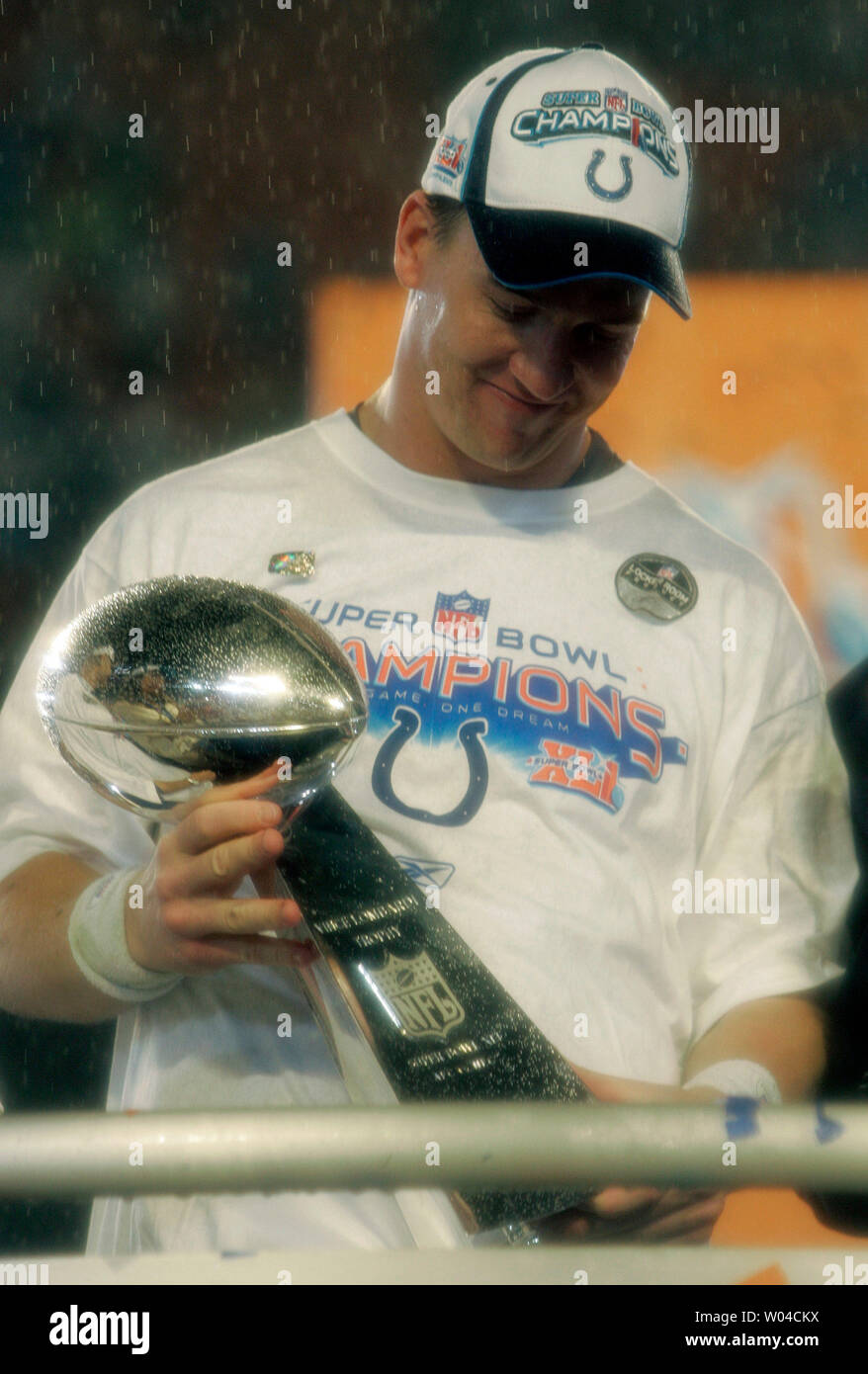 Indianapolis Colts quarterback Peyton Manning, Super Bowl MVP, holds the Lombardy Trophy while celebrating the Super Bowl XLI at Dolphin Stadium in Miami on February 4, 2007. The Colts defeated the Bears 29-17.   (UPI Photo/Gary C. Caskey) Stock Photo