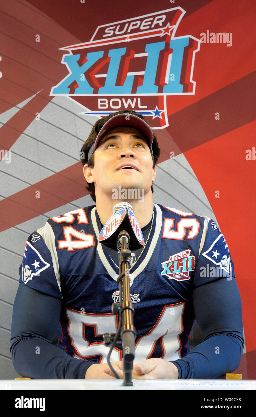 New England Patriots line backer Tedy Bruschi speaks to the media during  Media Day at the University of Phoenix Stadium in Glendale, Arizona, on  January 29, 2007. Super Bowl XLII will feature