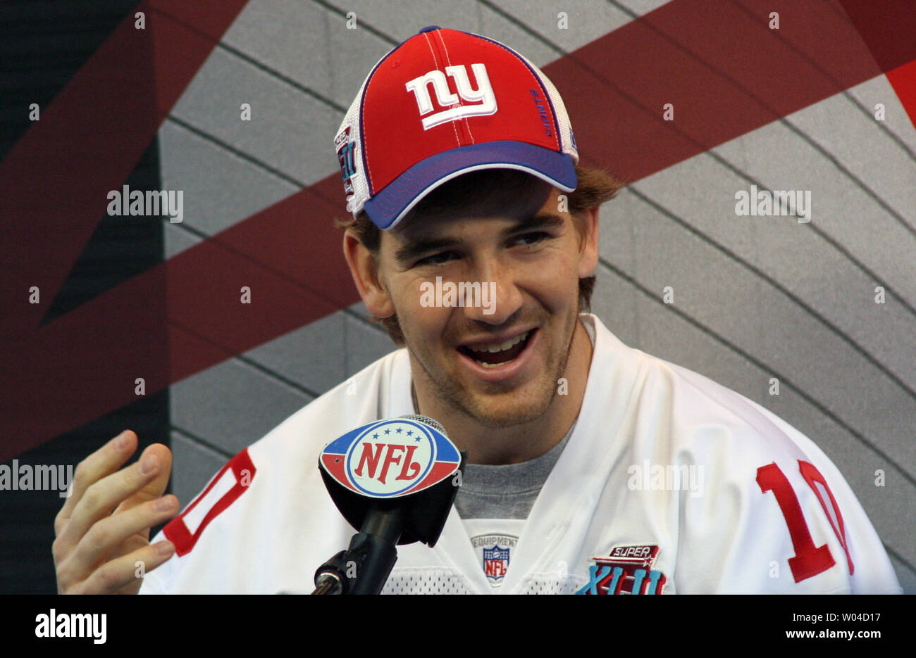 New York Giants quaterback Eli Manning speaks to the media during Media Day  at the University of Phoenix Stadium in Glendale, Arizona, on January 29,  2007. Super Bowl XLII will feature the