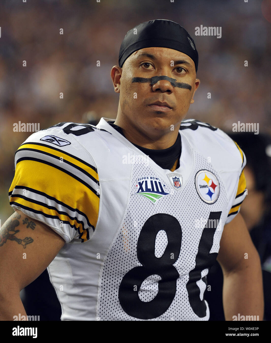 Pittsburgh Steelers wide receiver Hines Ward watchs pre-game activities before Super Bowl XLIII at Raymond James Stadium in Tampa, Florida, on February 1, 2009. (UPI Photo/Kevin Dietsch) Stock Photo