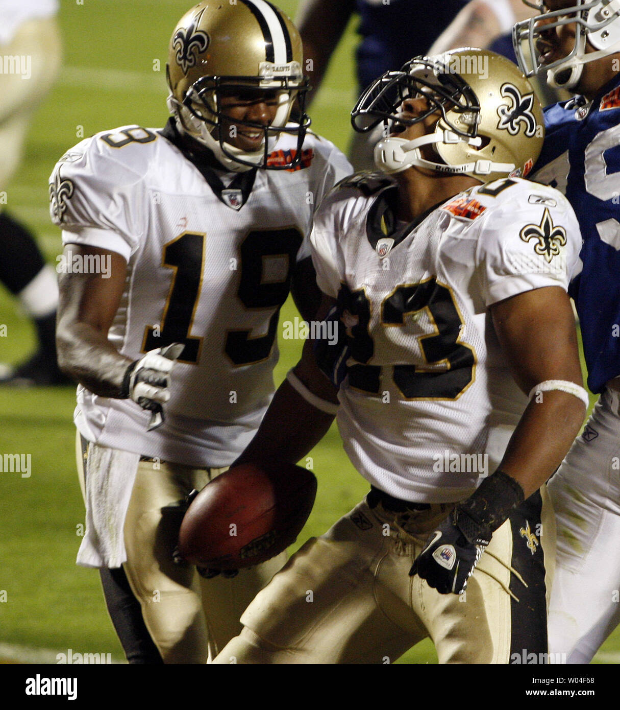 New Orleans Saints running back Pierre Thomas celebrates his touchdown against the Indianapolis Colts with team mate Devery Henderson in the third quarter of Super Bowl XLIV at Sun Life Stadium in Miami on February 7, 2010.   UPI/Mark Wallheiser Stock Photo