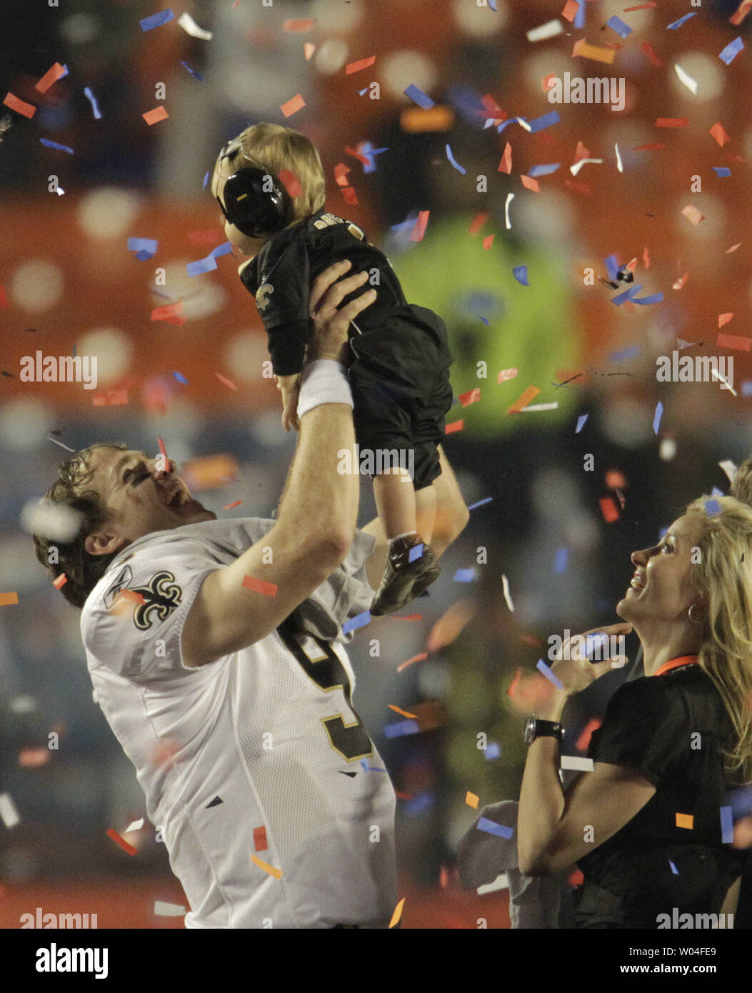Super Bowl MVP New Orleans Saints quarterback Drew Brees holds high his  son, Baylen Robert, with his wife Britanny close by after winning Super  Bowl XLIV in Miami on February 7, 2010.