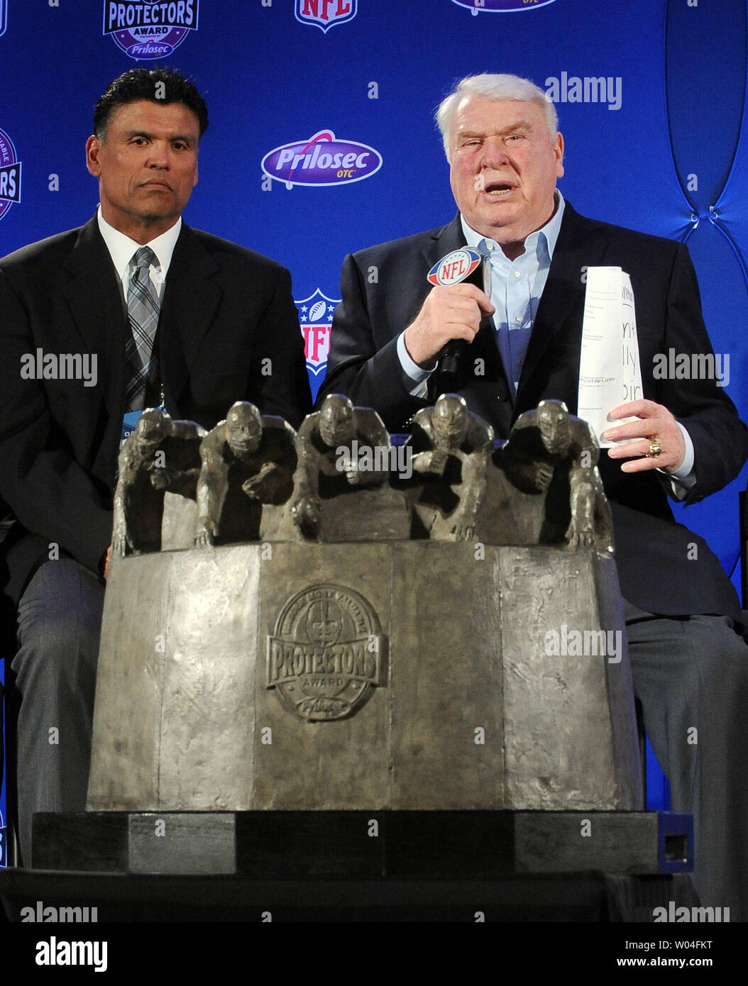 John Madden (R) and Anthony Munoz announce the New England Patriots as winners of the Madden Most Valuable Protectors Award as the year's best offensive line during the week of Super Bowl XLV in Dallas, Texas, on February 3, 2011. The Pittsburgh Steelers will take on the Green Bay Packers on February 6, 2011.    UPI/Roger L. Wollenberg Stock Photo