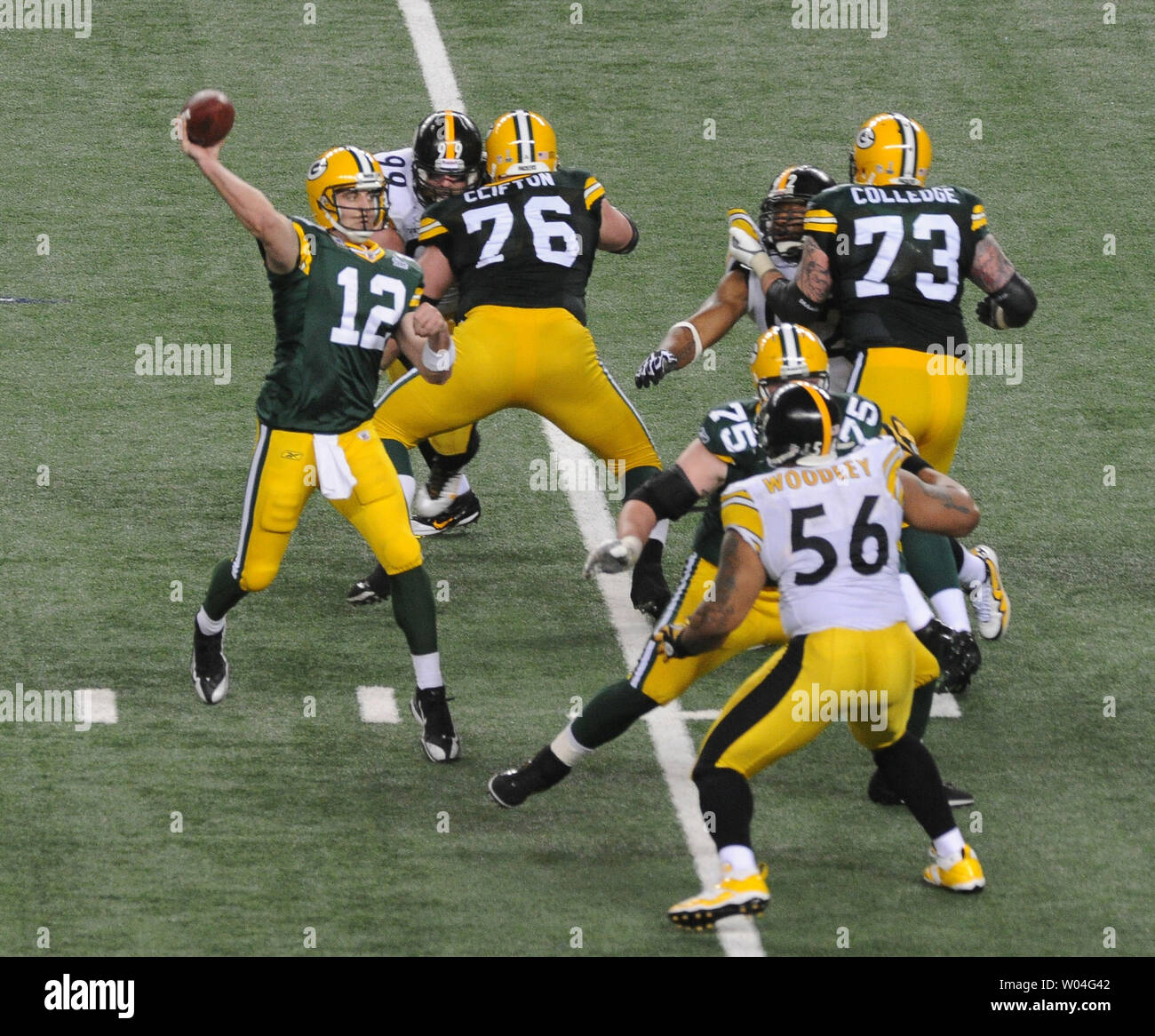 Green Bay Packers Quarterback Aaron Rodgers Throws A Touchdown Pass Against The Pittsburgh Steelers In The Fourth Quarter During Super Bowl Xlv At Cowboys Stadium In Arlington Texas On February 6 2011