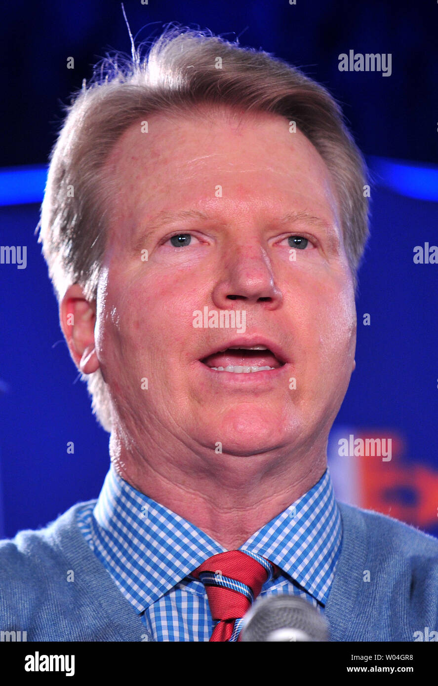 Commentator Phil Simms delivers remarks during the FedEx 2011 Air and Ground NFL Player of the Year awards ceremony in Indianapolis during Super Bowl week on February 1, 2012, 2012.  UPI/Kevin Dietsch Stock Photo