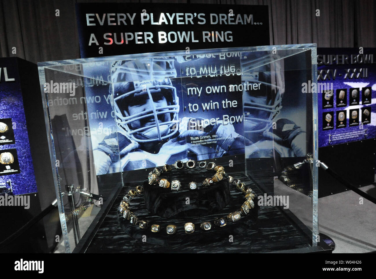 All of the Super Bowl rings are on display for National Football League fans at the NFL Experience at the Indianapolis Convention Center in downtown Indianapolis, Indiana on February 3, 2012.   The New England Patriots play the New York Giants in the Super Bowl on February 5, 2012.   UPI/Pat Benic Stock Photo