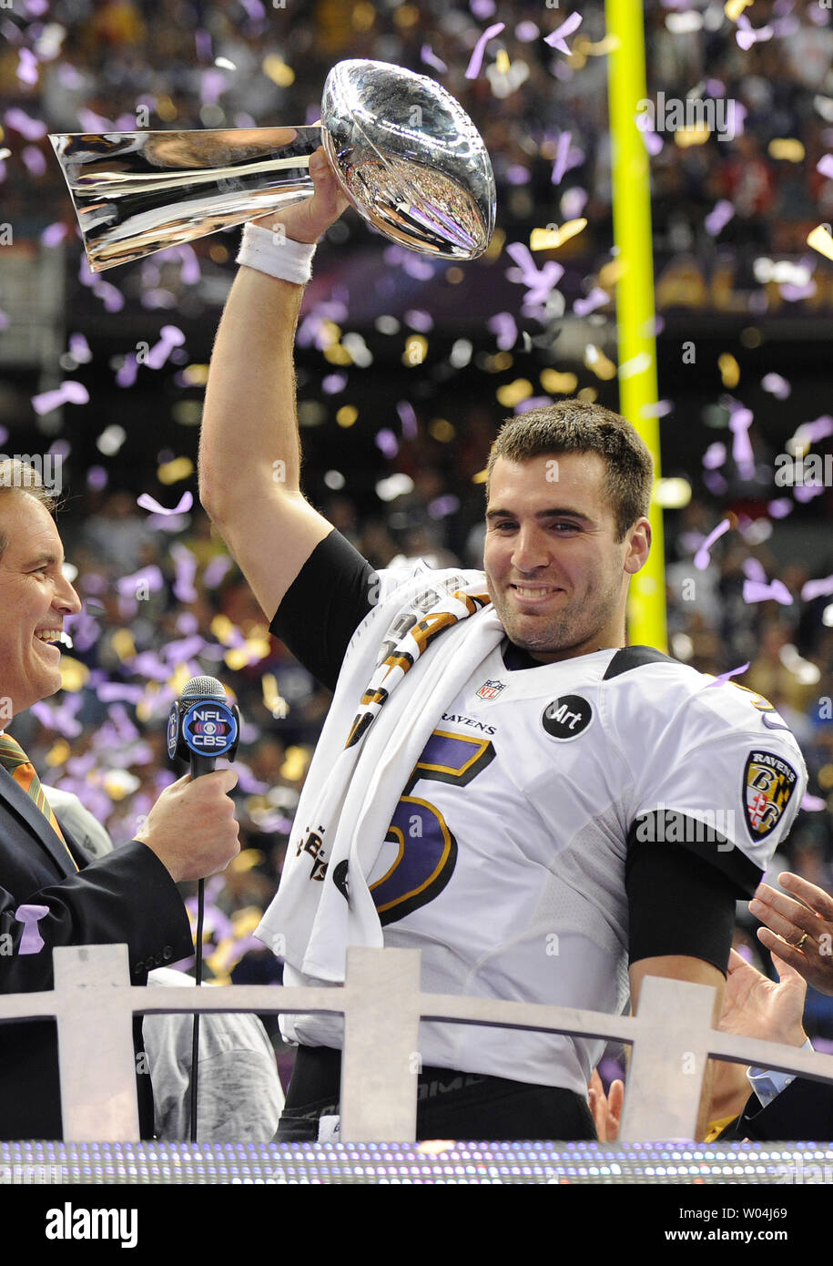 Baltimore Ravens quarterback Joe Flacco, Super Bowl MVP, holds the Lombardi  trophy at Super Bowl XLVII at the Mercedes-Benz Superdome on February 3,  2013 in New Orleans. Baltimore beats San Francisco 34-31