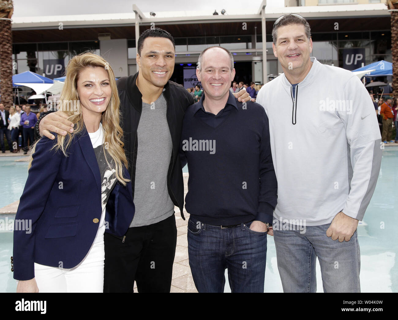 Wheels Up Members Erin Andrews, Tony Gonzalez, Rich Eisen and Mike Golic attend the Wheels Up Super Saturday Tailgate Party, one of the events leading up to Super Bowl XLIX, at MAYA Day + Nightclub in Scottsdale, AZ on January 31, 2015. Super Bowl XLIV will feature the Seattle Seahawks and the New England Patriots on February 1st at University of Phoenix Stadium in Glendale, Arizona.        Photo by John Angelillo/UPI Stock Photo
