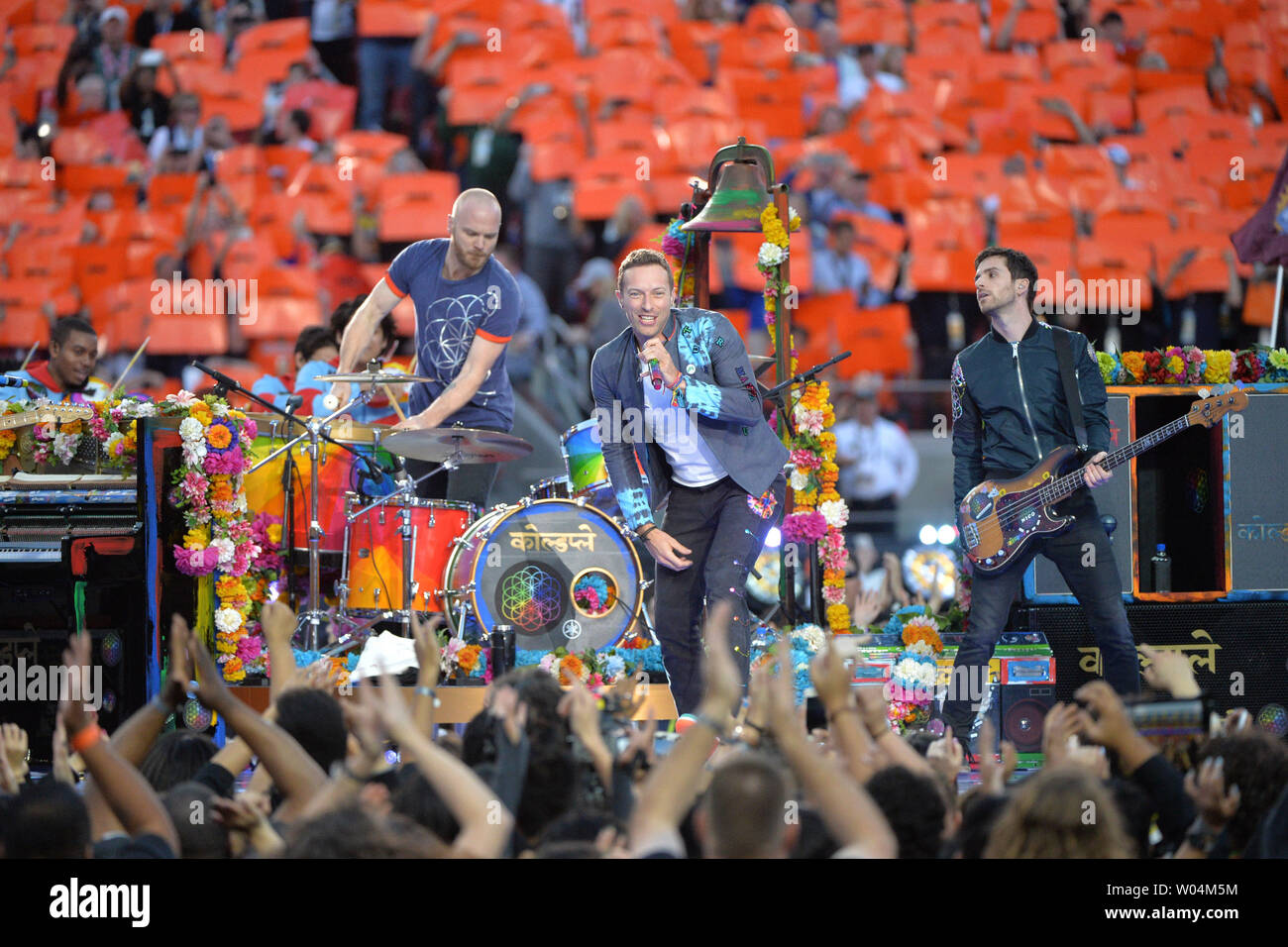 Coldplay takes the stage to perform "Viva la Vida" during the Super