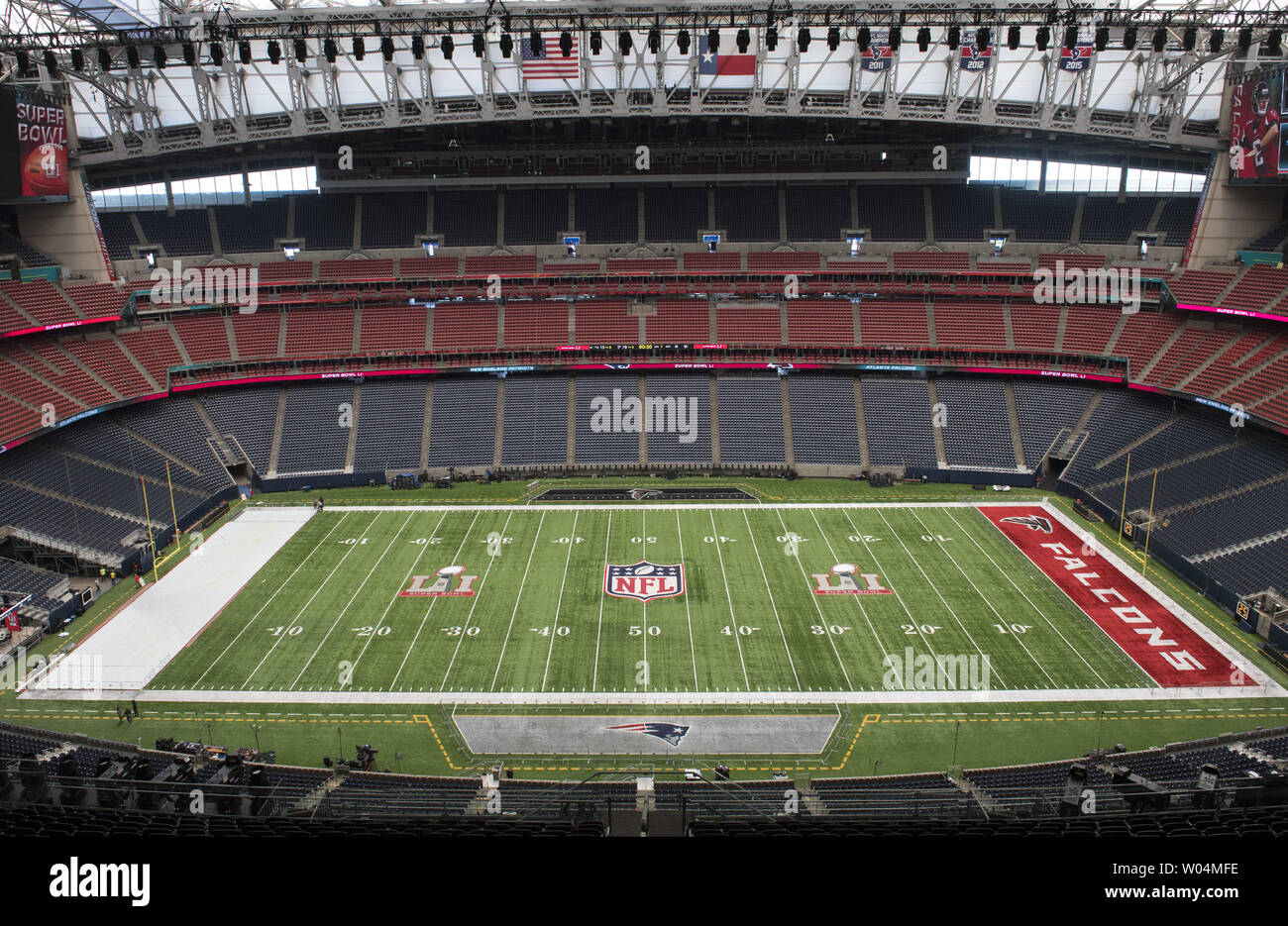 The field at NRG Stadium is prepared for Super Bowl LI in Houston, Texas on  January 31, 2017. The New England Patriots and the Atlanta Falcons will  face off this Sunday in