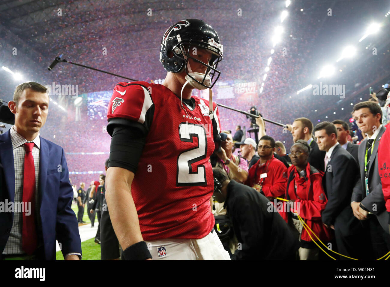 Atlanta Falcons quarterback Matt Ryan (2) heads off the field after losing  in overtime to the New England Patriots in Super Bowl LI at NRG Stadium in  Houston Texas on February 5,