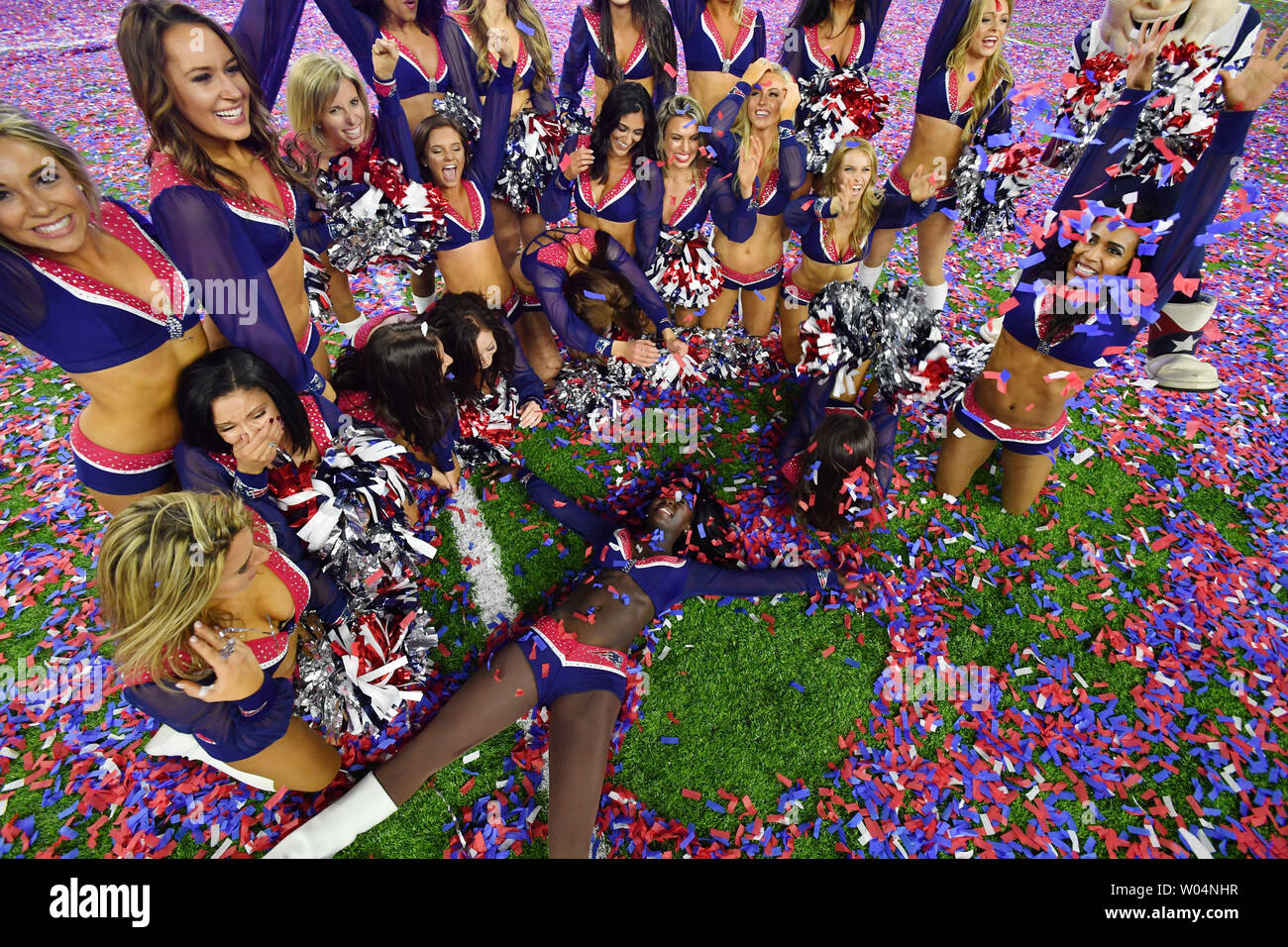 New England Patriots cheerleaders celebrate after their team defeated the  Atlanta Falcons in Super Bowl LI at NRG Stadium in Houston on February 5,  2017. The Patriots defeated the Falcons 34-28 in