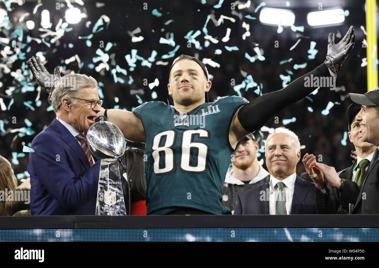 Philadelphia Eagles tight end Zach Ertz (86) reacts to the win as the Vince  Lombardi Trophy sits in front of him after Super Bowl LII at U.S. Bank  Stadium in Minneapolis, Minnesota