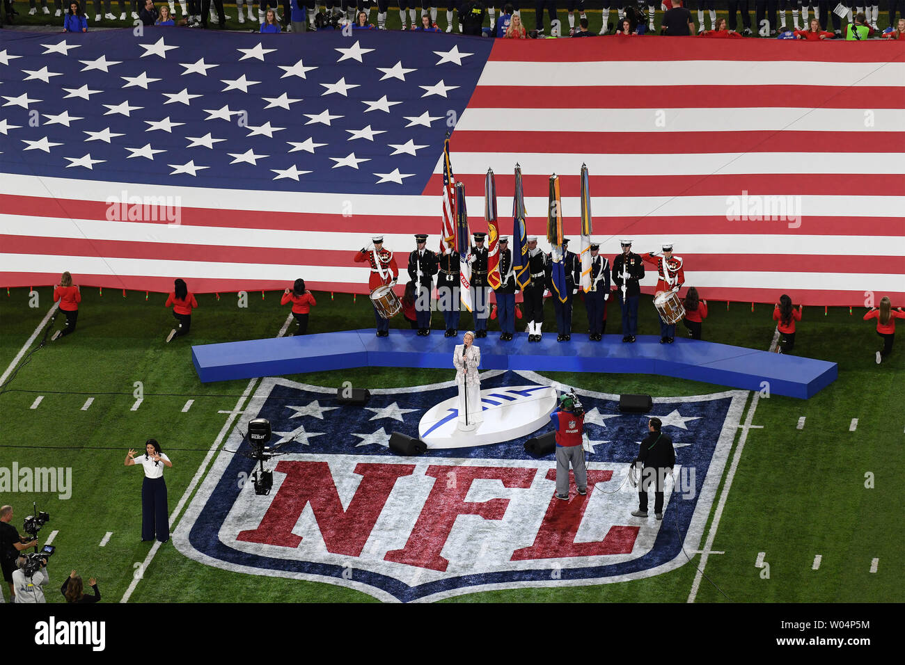 Pink sings the national anthem at Super Bowl LII at U.S. Bank Stadium in  Minneapolis, Minnesota on February 4, 2018. The Eagles will be seeking  their first title while the Patriots will