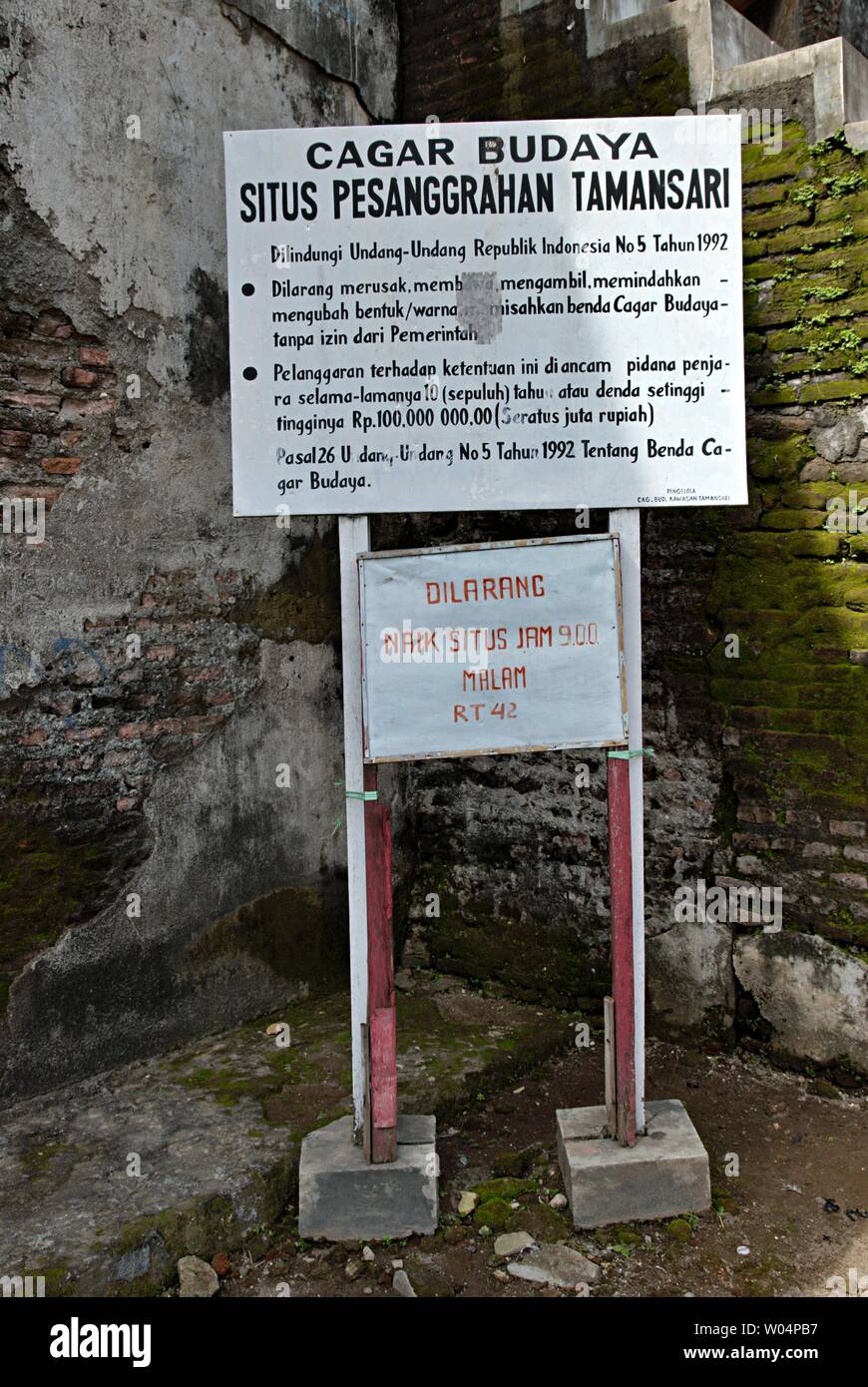 Sign boards in Taman Sari. Taman Sari Water Castle, also known as Taman Sari, is the site of a former royal garden of the Sultanate of Yogyakarta. Stock Photo