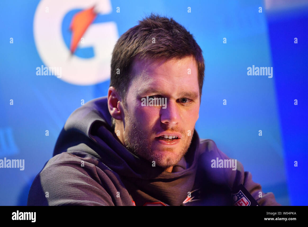 New England Patriots quarterback Tom Brady speaks to the media when he arrives at Super Bowl Opening Night at the State Farm Arena on January 28, 2019 in Atlanta. The Los Angeles Rams will play the New England Patriots in Super Bowl LIII on Sunday, February 3.  Photo by Kevin Dietsch/UPI Stock Photo