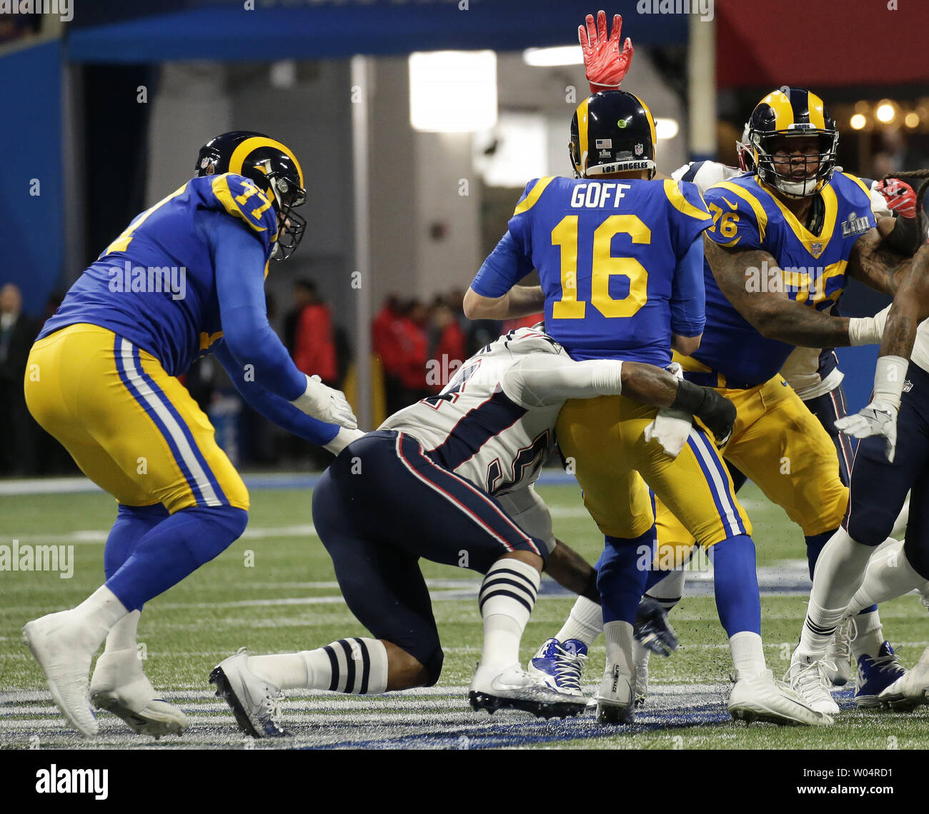 New Englands Patriots linebacker Don'a Hightower (C) sacks Los Angeles Rams  quarterback Jared Goff (16) during the last minute of play in the second  quarter of Super Bowl LIII at Mercedes-Benz Stadium