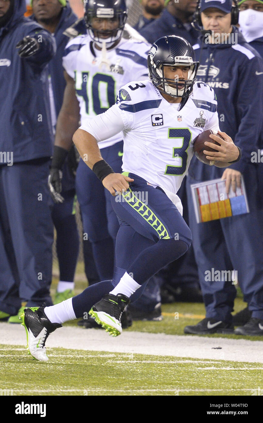 Seattle Seahawks quarterback Russell Wilson (3) in action against the  Denver Broncos at the Super Bowl XLVIII at MetLife Stadium in East  Rutherford, New Jersey on February 2, 2014. MetLife Stadium hosts