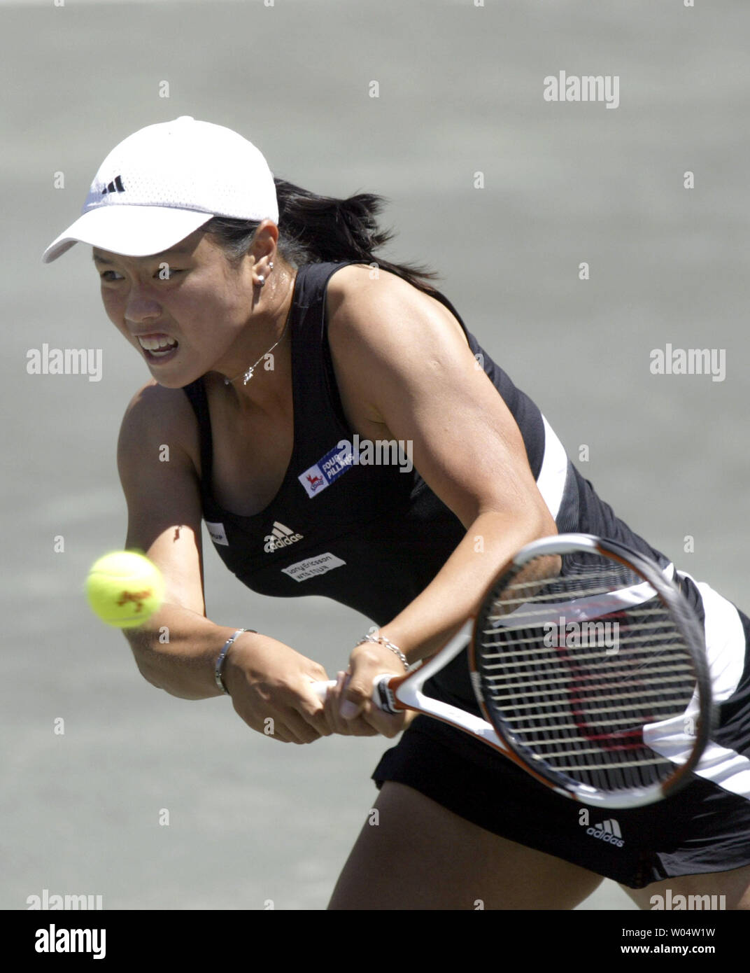 Yung-Jan Chan of Taiwan hits a backhand shot against Venus Williams in the  third round of the Family Circle Cup tennis tournament in Charleston, South  Carolina on April 12, 2007. Williams won