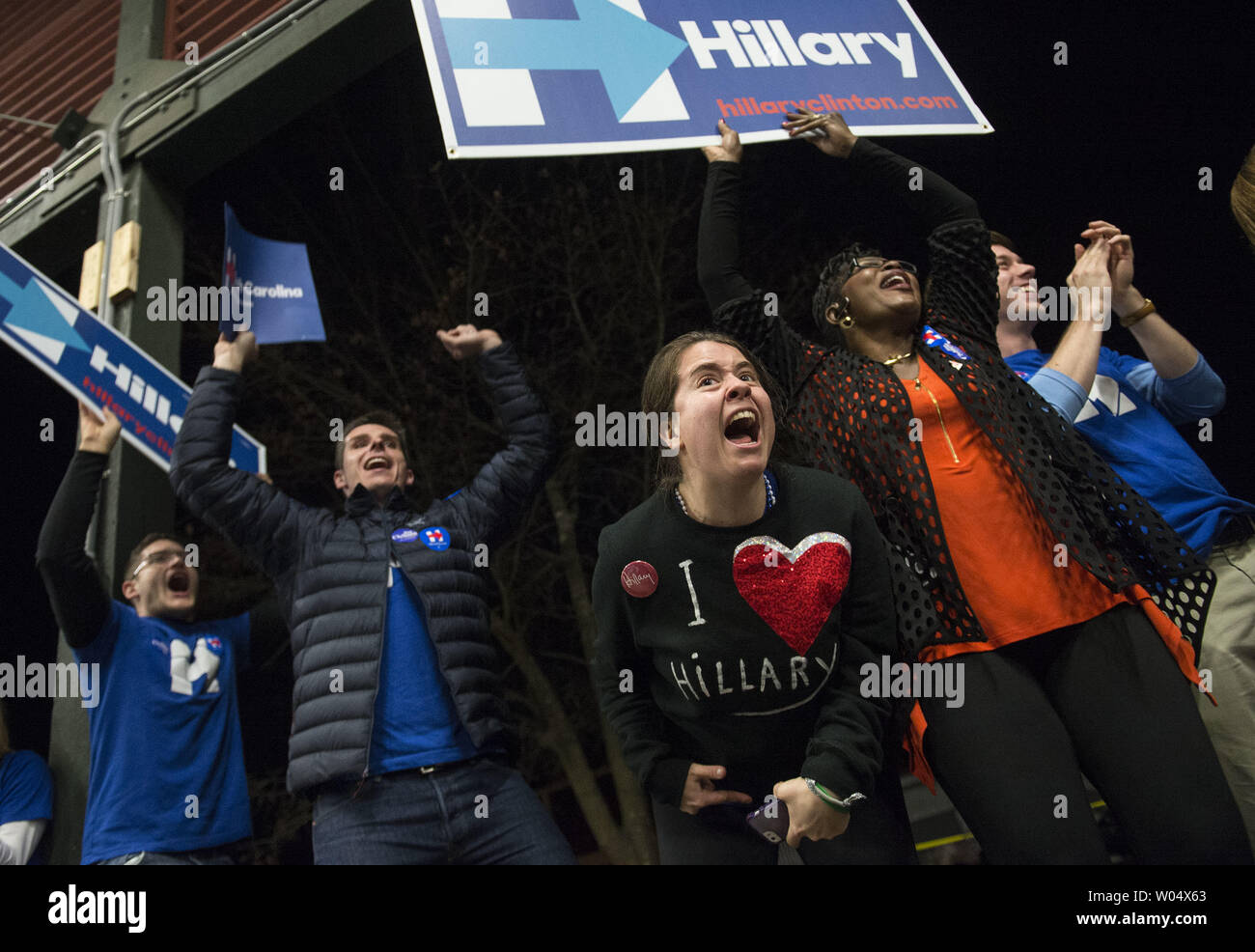 Hillary Clinton supporters cheer as Democratic presidential candidate Hillary Clinton speaks at the James Clyburn Fish Fry in Charleston, South Carolina on January 17, 2106. Photo by Kevin Dietsch/UPI Stock Photo
