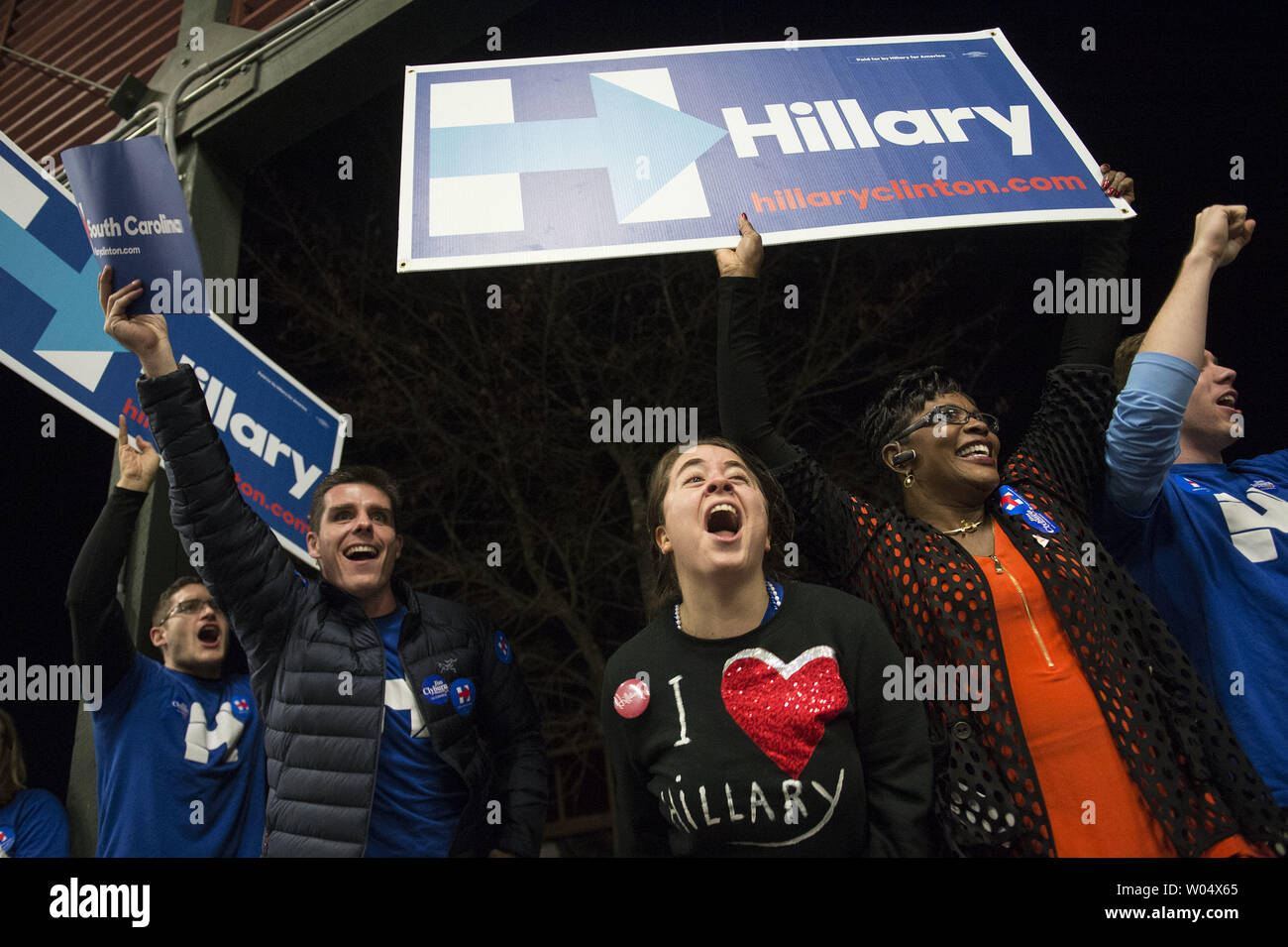 Hillary Clinton supporters cheer as Democratic presidential candidate Hillary Clinton speaks at the James Clyburn Fish Fry in Charleston, South Carolina on January 17, 2106. Photo by Kevin Dietsch/UPI Stock Photo