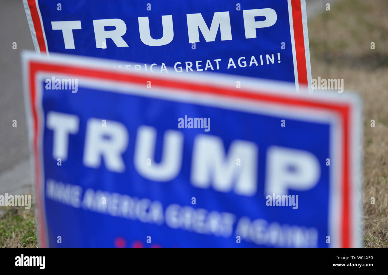 Campaign signs are seen near a voting location on South Carolina primary election day in Daniel Island, South Carolina on February 20, 2016. Photo by Kevin Dietsch/UPI Stock Photo