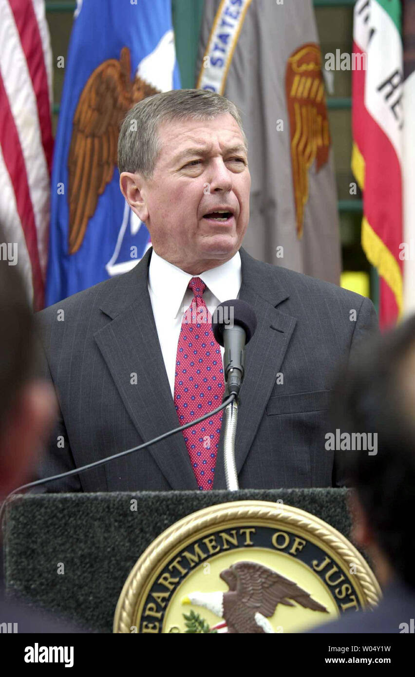 SDP2003070801- SAN DIEGO, July 8 (UPI) - US Attorney General John Ashcroft along with Rafael Macedo De la Concha, the Attorney General of Mexico announced July 8 2003 at a news conference in San Diego, California, the indictment of 12 individuals who represent the hierarchy of the Arellano-Felix drug cartel. The Arellano-Felix organization is the most notorious multi-national drug trafficking organization ever and is responsible for multiple murders and the transportation of cocaine and marijuana from Tijuana, Mexico to the US through the San Diego and Mexicali borders.     ec/EARL S. CRYER Stock Photo