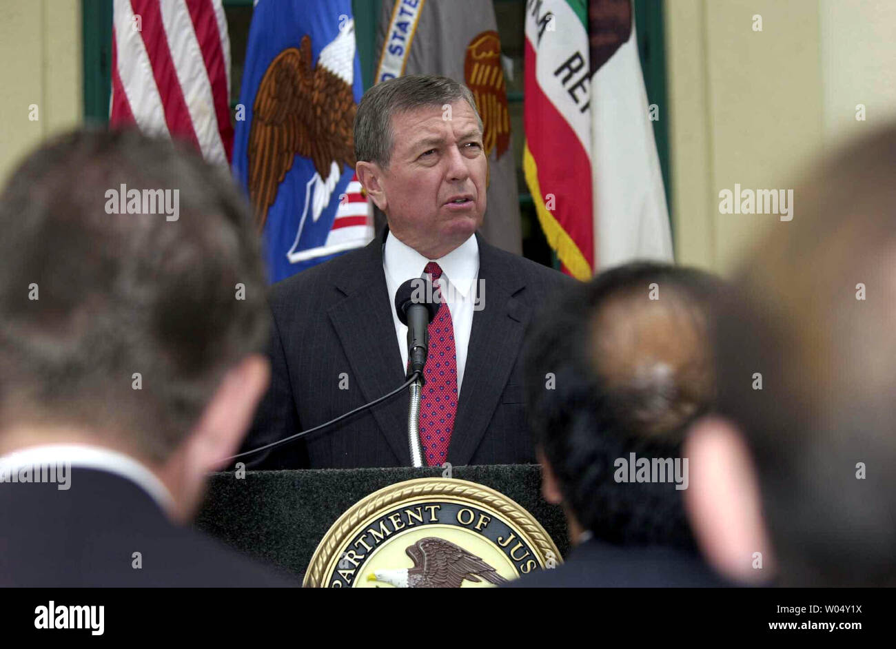 SDP2003070802- SAN DIEGO, July 8 (UPI) - US Attorney General John Ashcroft along with Rafael Macedo De la Concha, the Attorney General of Mexico announced July 8 2003 at a news conference in San Diego, California, the indictment of 12 individuals who represent the hierarchy of the Arellano-Felix drug cartel. The Arellano-Felix organization is the most notorious multi-national drug trafficking organization ever and is responsible for multiple murders and the transportation of cocaine and marijuana from Tijuana, Mexico to the US through the San Diego and Mexicali borders.     ec/EARL S. CRYER Stock Photo