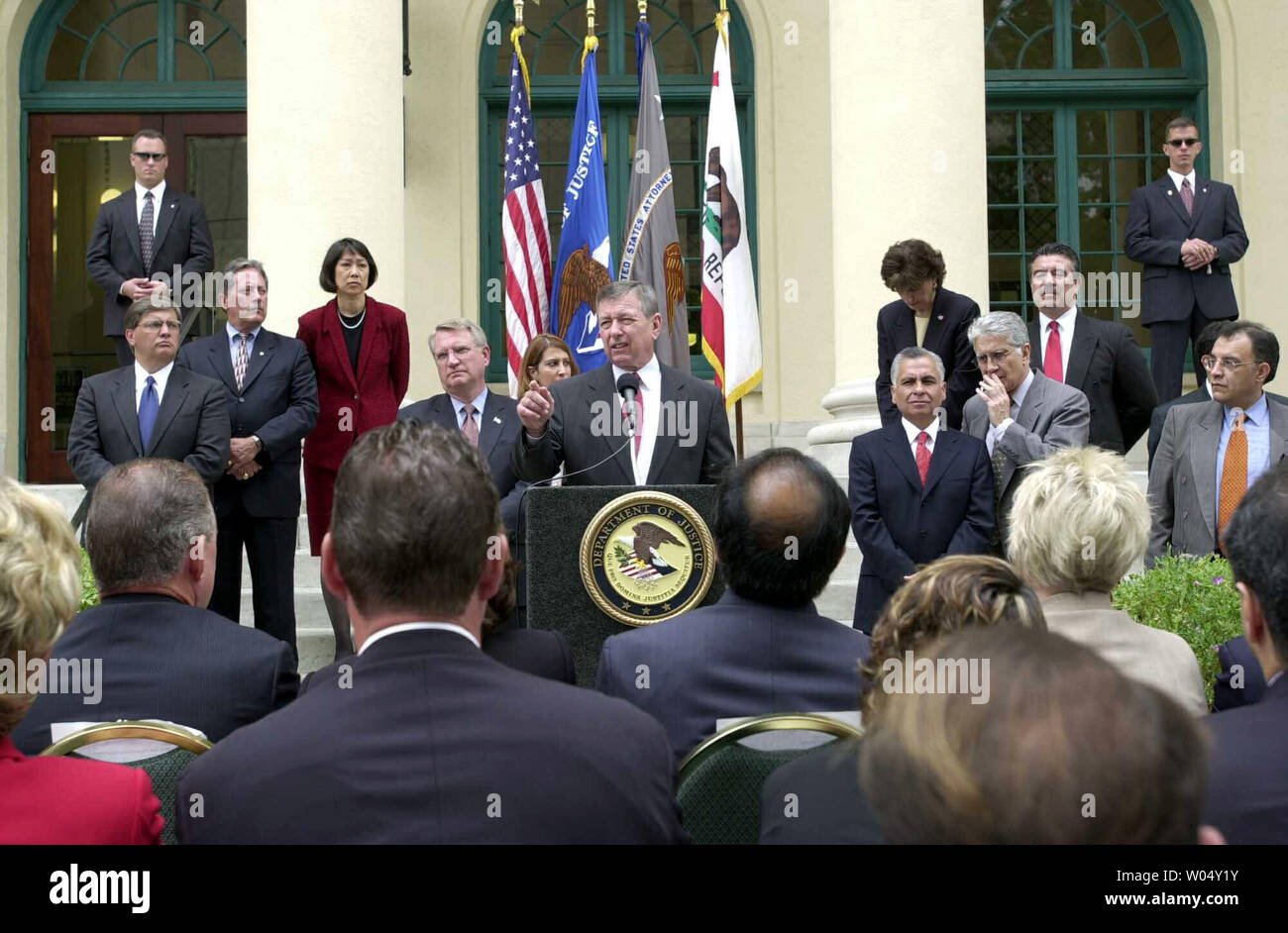 SDP2003070806- SAN DIEGO, July 8 (UPI) - US Attorney General John Ashcroft along with Rafael Macedo De la Concha, (right) the Attorney General of Mexico announced July 8 2003 at a news conference in San Diego, California, the indictment of 12 individuals who represent the hierarchy of the Arellano-Felix drug cartel. The Arellano-Felix organization is the most notorious multi-national drug trafficking organization ever and is responsible for multiple murders and the transportation of cocaine and marijuana from Tijuana, Mexico to the US through the San Diego and Mexicali borders.     ec / EARL S Stock Photo